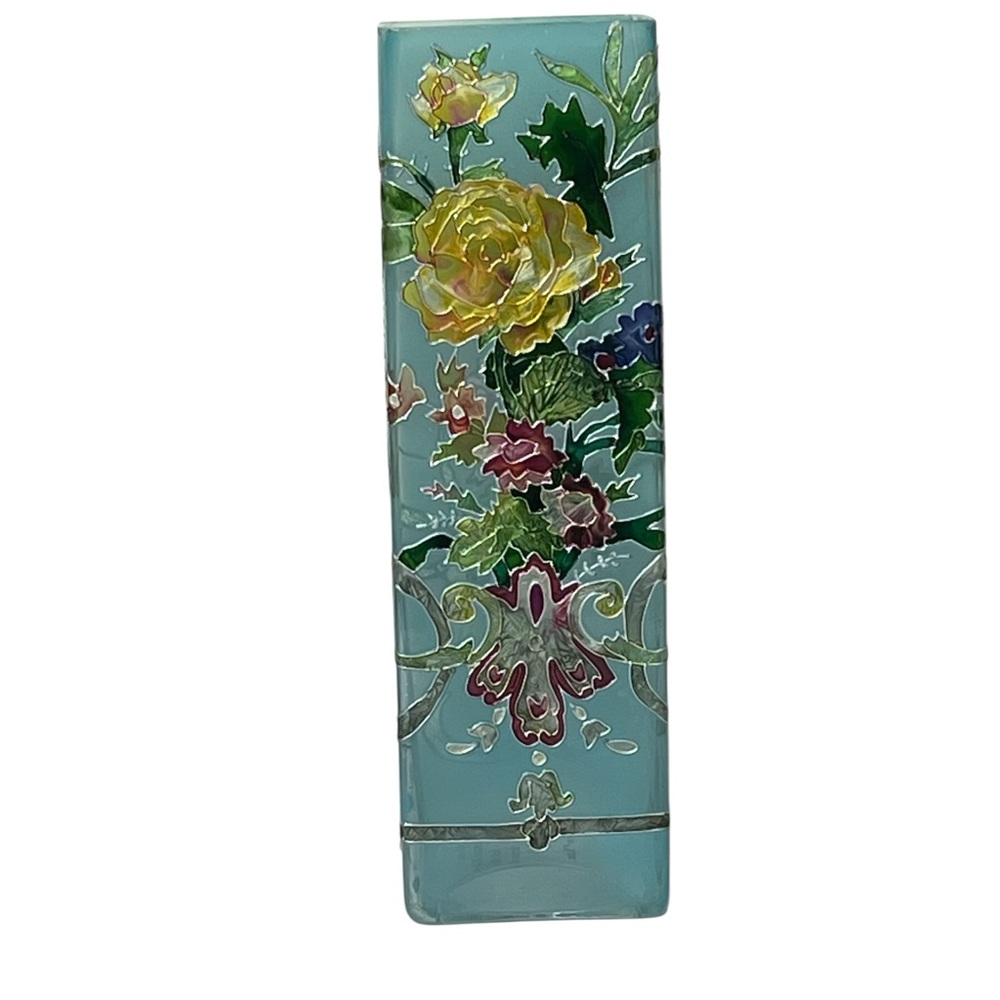 Joan Baker Hand Painted Stained Glass Sea Glass Green Square Floral Rose Vase